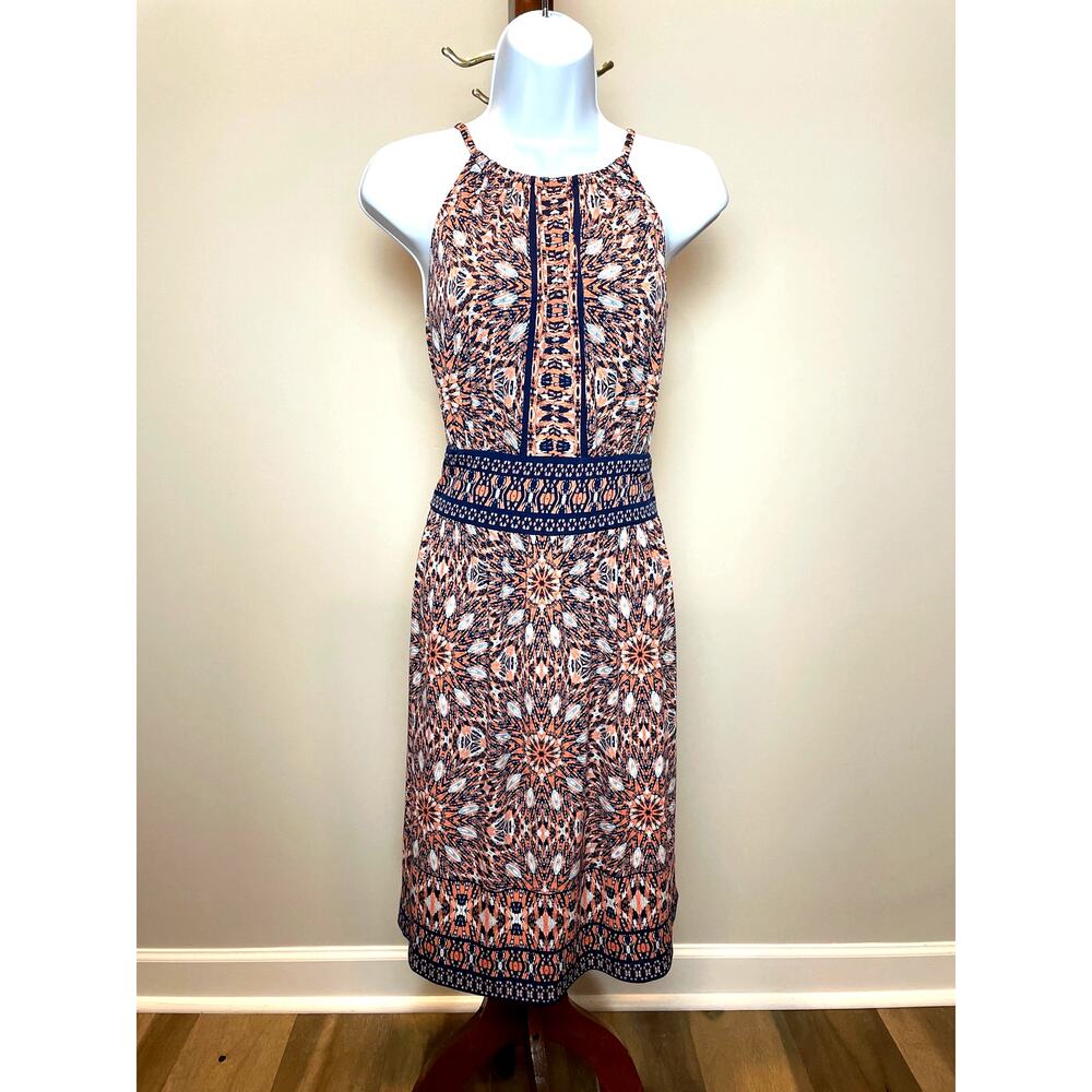London Times Orange Blue Boho Halter Midi Dress Size 14